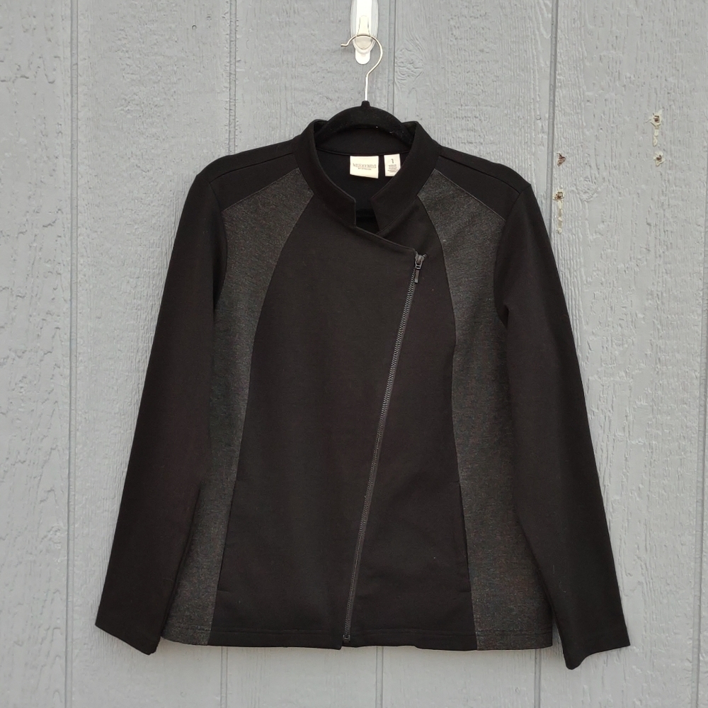 Weekends by Chico's Asymmetric Zip Cardigan Black & Gray Medium